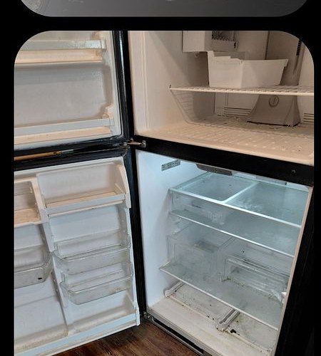Refrigerator interior before cleaning — grime and stains on shelves