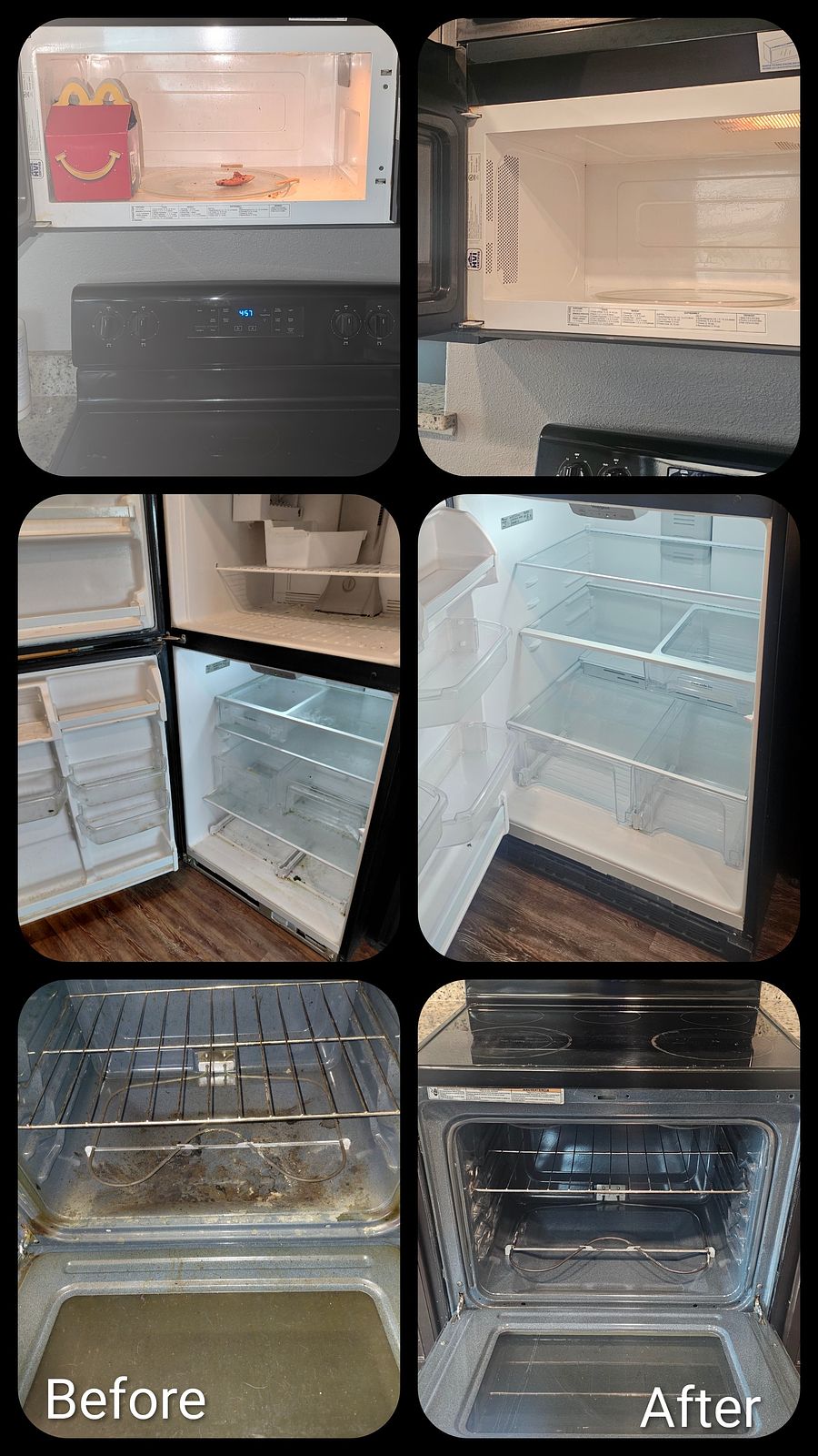 Before and after — microwave, fridge, and oven deep-cleaned by 2Clean Escapes