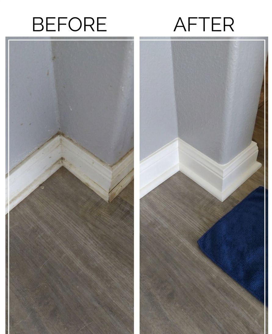 Before and after — stained baseboards cleaned and refreshed by 2Clean Escapes