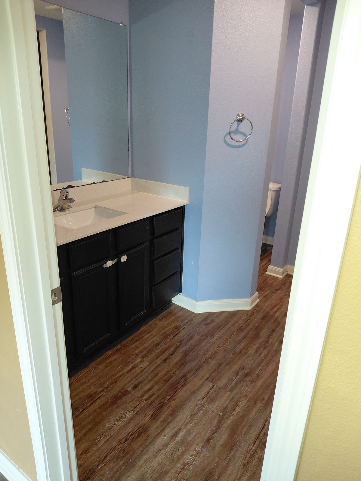 Bathroom vanity after cleaning — polished and streak-free