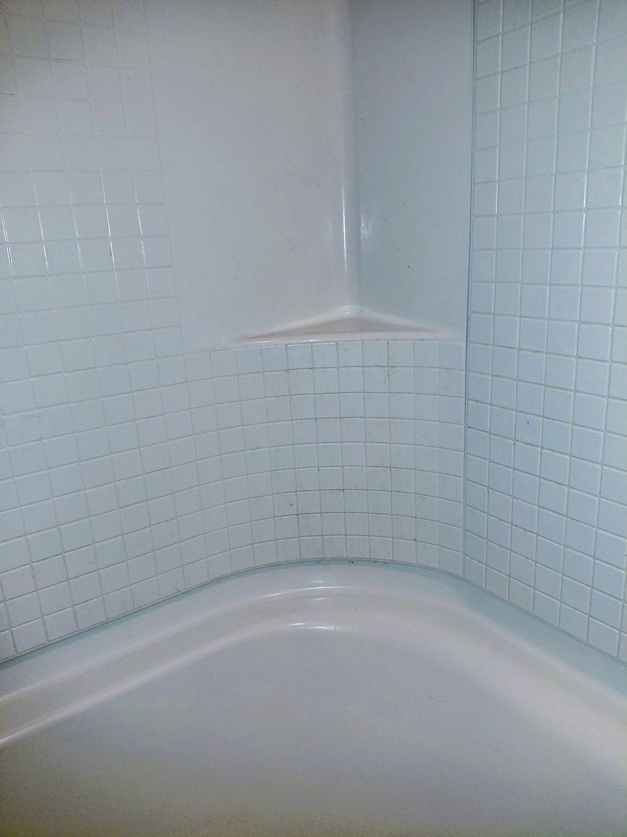 Bathroom before cleaning — soap scum and grime